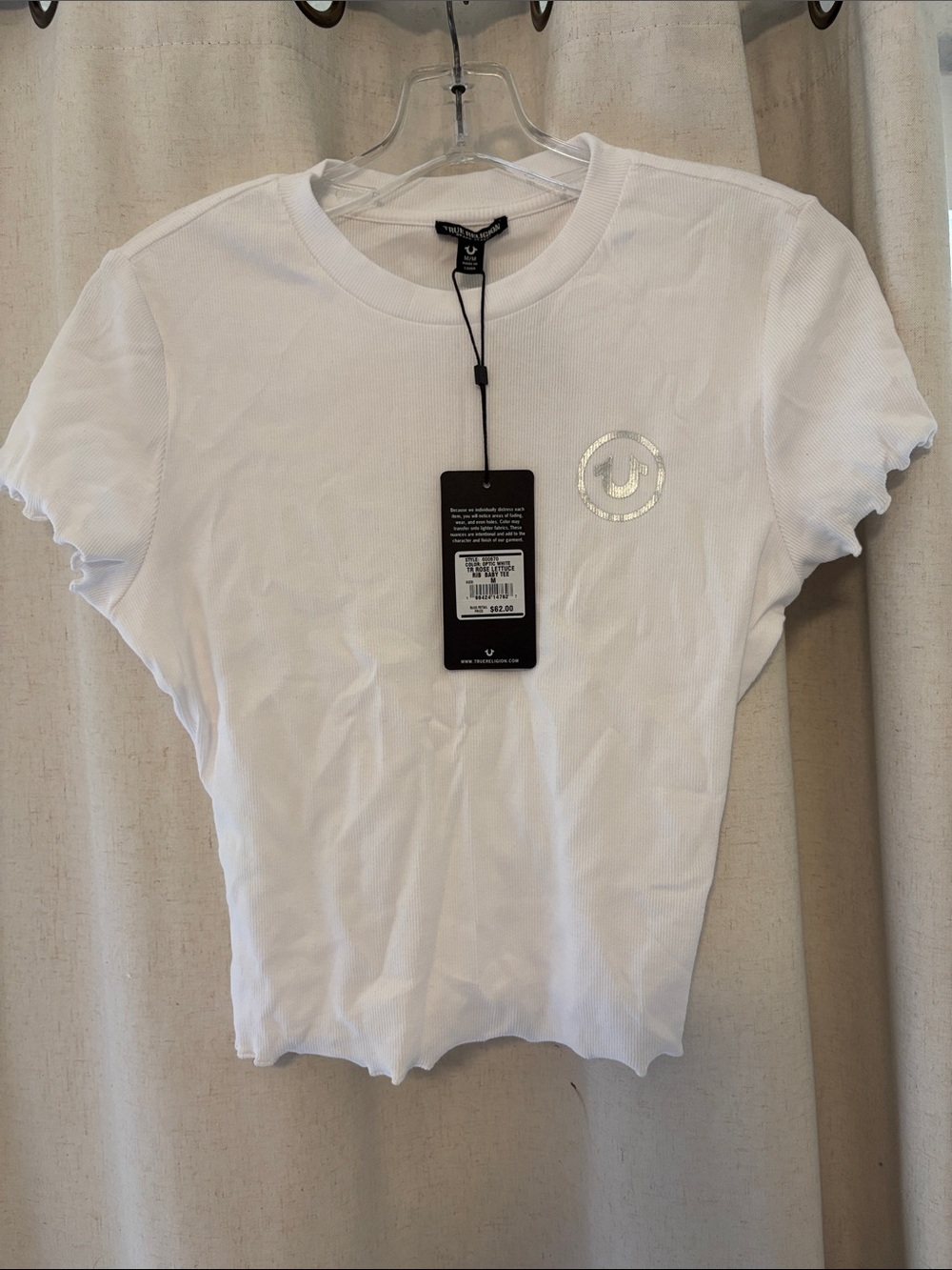 True Religion White Ribbed Short Sleeve Crewneck Tee with Logo Emblem